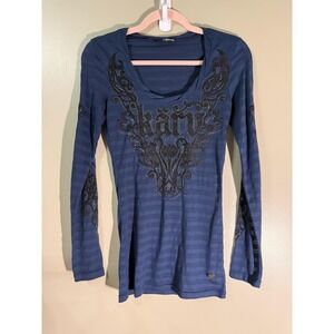 Y2K Tunic T-Shirt Womens XS Blue Rhinestone Studded Scoop Neck Long Sleeve